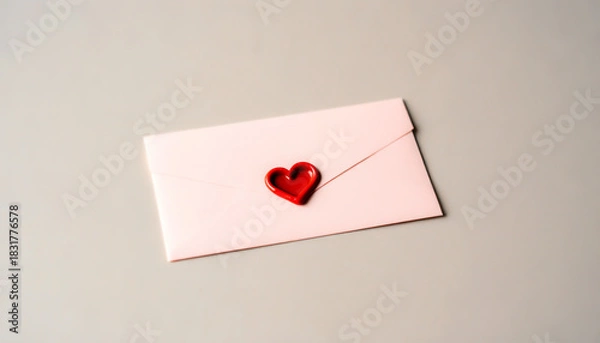 Obraz Pink envelope sealed with a red heart-shaped wax seal, resting on a soft beige surface, symbolizing love and affection, perfect for romantic occasions and heartfelt messages for Valentine's day
