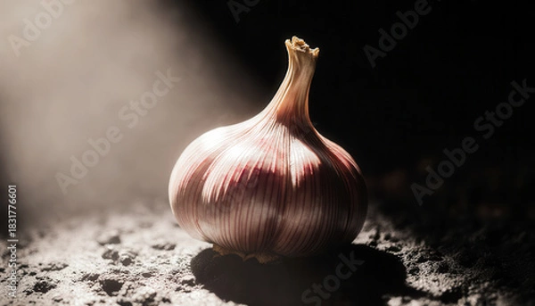 Obraz Fresh garlic bulb illuminated by soft light, showcasing its unique texture and colors, resting on a rustic surface, creating a warm and inviting culinary atmosphere