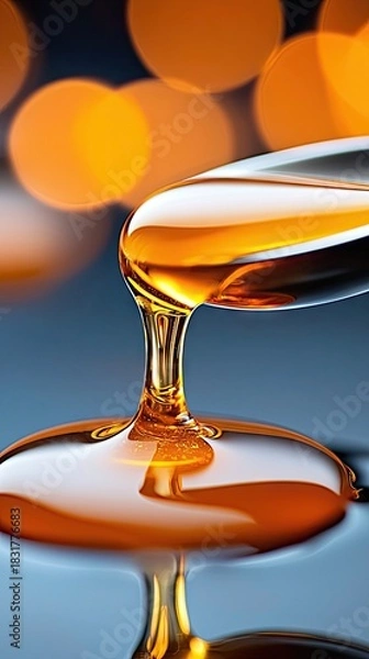 Obraz Close-up of golden honey being poured from a spoon, with a blurred bokeh background. The honey is glistening, and the image has a warm, inviting feel.