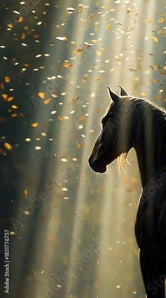 Obraz A majestic horse stands in a sunlit forest, surrounded by falling leaves, creating a serene and ethereal atmosphere.