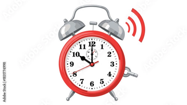 Fototapeta Ringing red alarm clock on a white background signals it's time to wake up and get going, perfect for time management and productivity