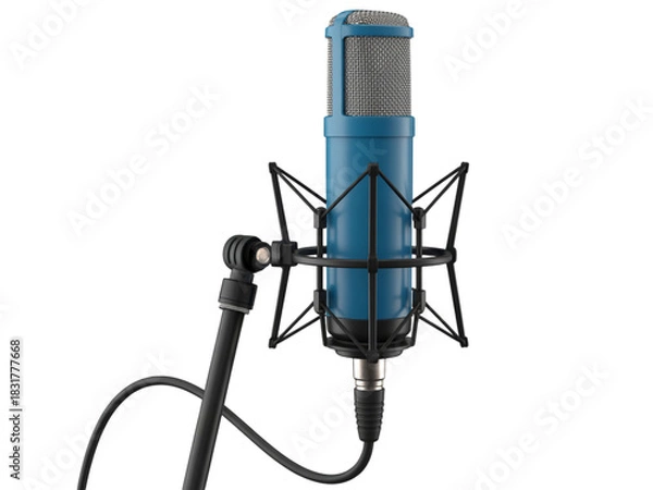 Fototapeta A blue studio condenser microphone on a stand, ready for recording sound.