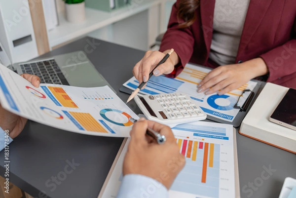 Fototapeta Business colleagues reviewing budget charts together in a modern office, focusing on financial insights, performance metrics, and strategic planning to support upcoming business decisions.