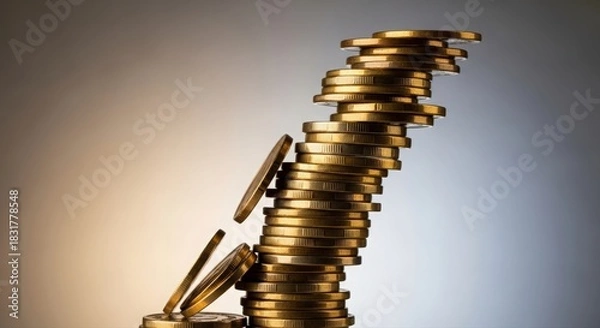 Fototapeta Gold coins teeter, Closeup of unstable gold coin stacks illustrating risk and economic uncertainty