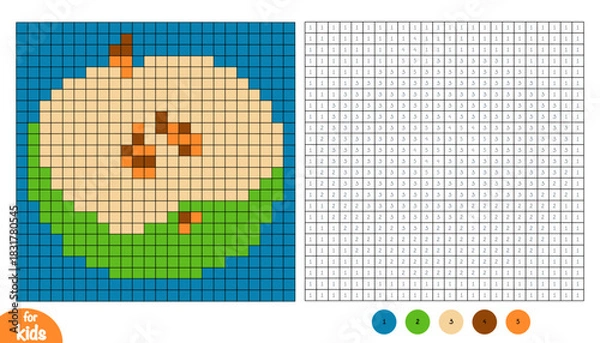Obraz Half of green apple pixel color by number page for kids. Educational activity for preschool and kindergarten children to learn numbers and colors. Square grid design about fruits and vegetables
