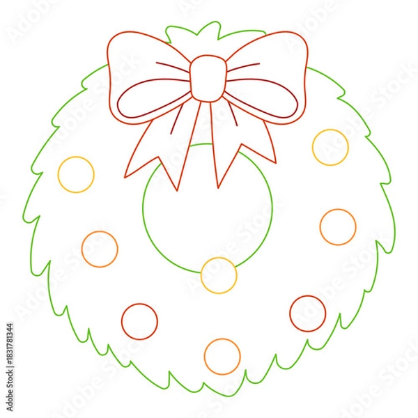Obraz Christmas wreath with a bow in bold colorful outline. Flat vector illustration isolated on white background. Fun festive coloring page for kids books. Easy holiday activity worksheet.