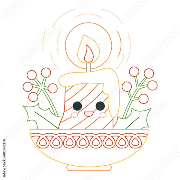 Obraz Cute candle with smiling face in bold colorful outline. Flat vector illustration isolated on white background. Cozy holiday coloring page for kids books. Easy activity worksheet.