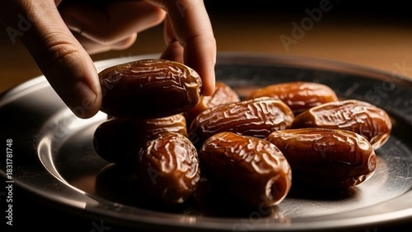Obraz Hand picking up dates from a pile on a metal plate.