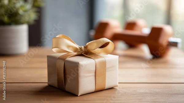 Obraz Thoughtful gift fitness equipment presented defocused beautifully golden, faceless ribbon health, wellness visualization detail, blurred present background, cherished concept, gift