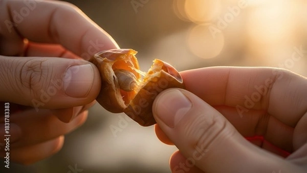 Obraz Hands tearing apart a piece of food with a blurred background.
