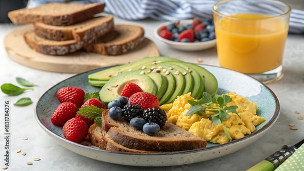 Fototapeta Healthy breakfast plate with avocado toast and egg