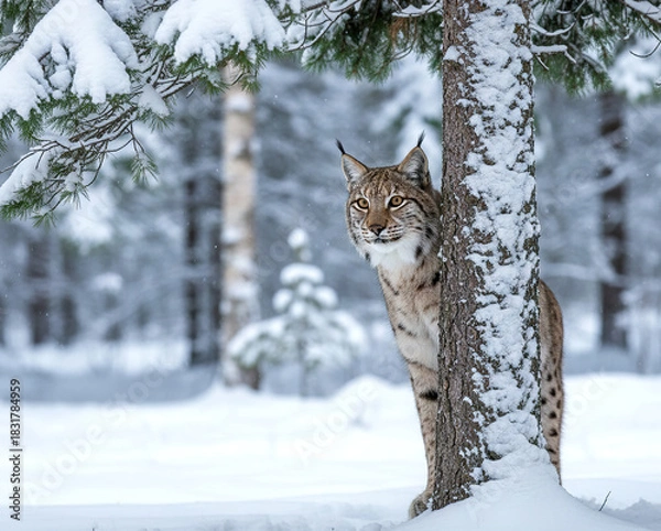 Obraz Lynx peeking from behind a snowy tree