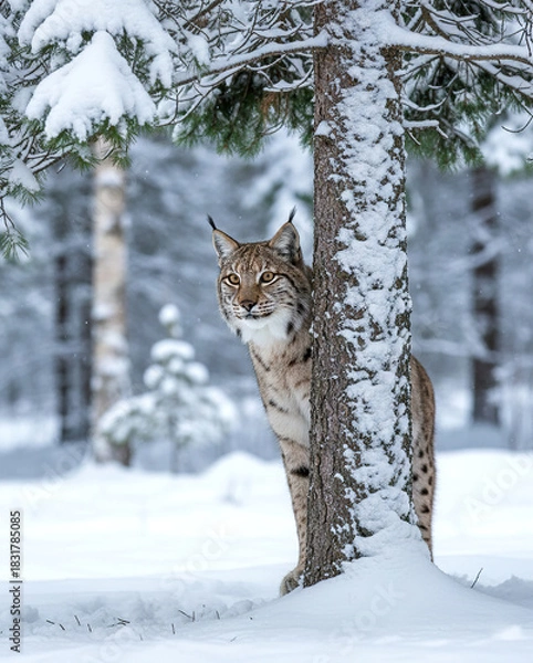 Obraz Lynx peeking from behind a snowy tree
