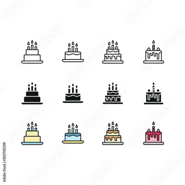Fototapeta Birth cake set icon in line glyph and color style for celebration and dessert design
