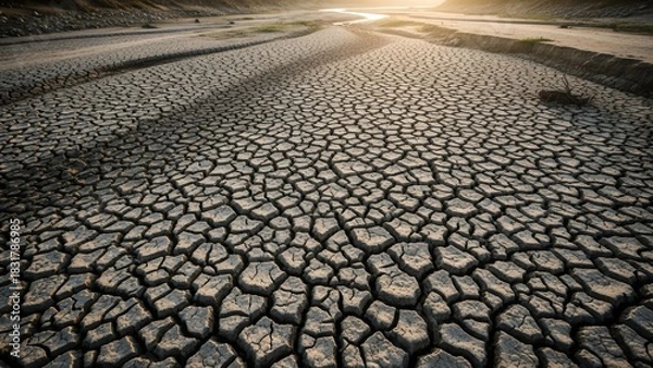 Obraz Dry cracked earth surface with sunlight shining through at horizon
