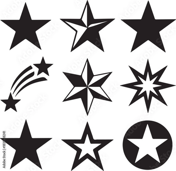 Fototapeta Diverse Collection of Black Star Icons and Geometric Shapes for Graphic Design Projects and Achievements