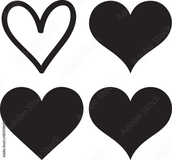 Fototapeta A collection of four heart icons, including a hand-drawn outline and solid silhouettes.