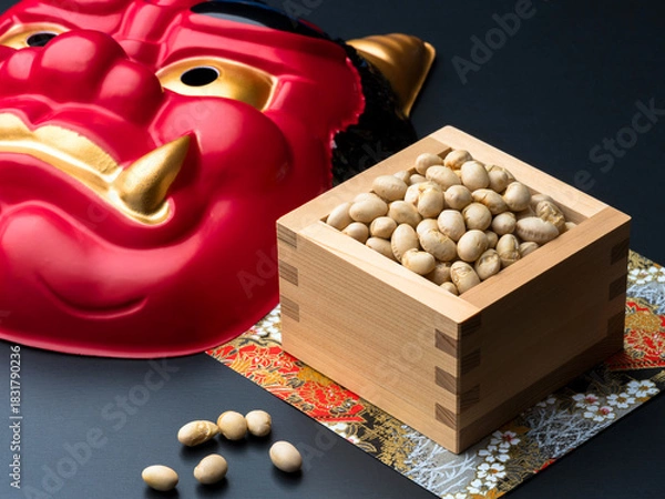 Obraz 節分の豆まきと赤鬼のお面の静物イメージ
