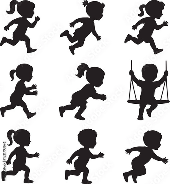 Obraz Silhouette of children playing running and swinging with different poses