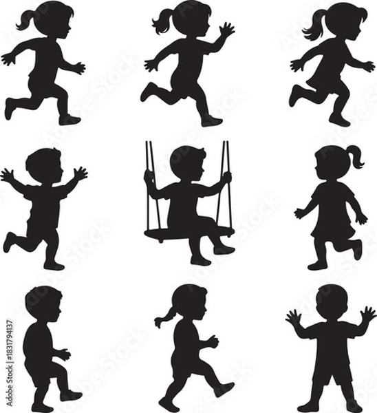 Obraz Silhouettes of children playing different games running jumping swinging illustration