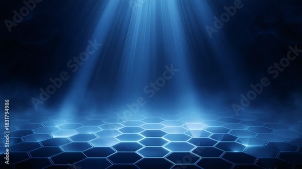 Obraz Futuristic hexagonal grid pattern illuminated by blue light beams, abstract digital background with glowing geometric shapes and misty atmosphere, modern and dynamic mood