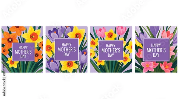 Fototapeta Set of four greeting card designs for mothers day featuring colorful spring flowers like daffodils and tulips with purple text box wishing happy mothers day, perfect for holiday celebration