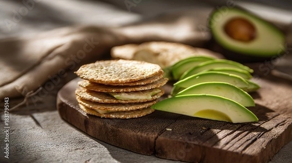 Obraz Crispy crackers, creamy cheese, and fresh avocado slices on rustic wooden board, healthy snack, natural light, inviting and wholesome presentation