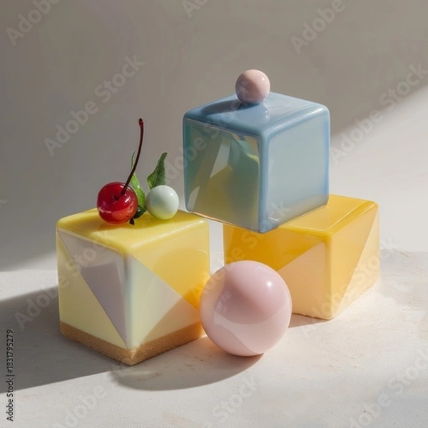 Obraz Geometric cakes pastel color cube shape glossy surface cherry dessert modern food photography artistic minimalistic elegant creative presentation sweet treat joyful