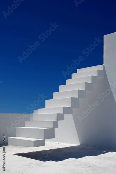 Obraz Minimalist white marble steps floating staircase modern architecture outdoor geometric design clean lines bright sunlight blue sky serene atmosphere