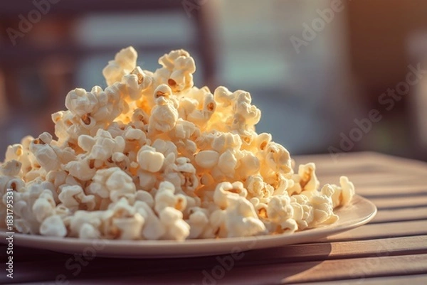 Obraz Fresh popcorn on clean white plate, outdoor table, soft natural sunlight, macro shot, warm and inviting atmosphere, perfect for snack time or movie night enjoyment