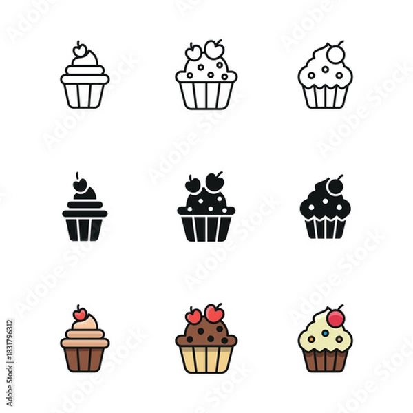 Fototapeta Cupcake set icon line glyph color for dessert bakery and sweet illustration