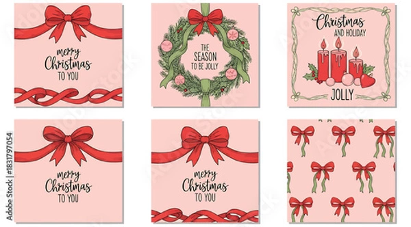 Fototapeta Set of six square Christmas illustrations with pink backgrounds featuring red bows, wreaths, candles, and festive messages like “Merry Christmas to you” and “Be Merry and Bright”—perfect for holiday c