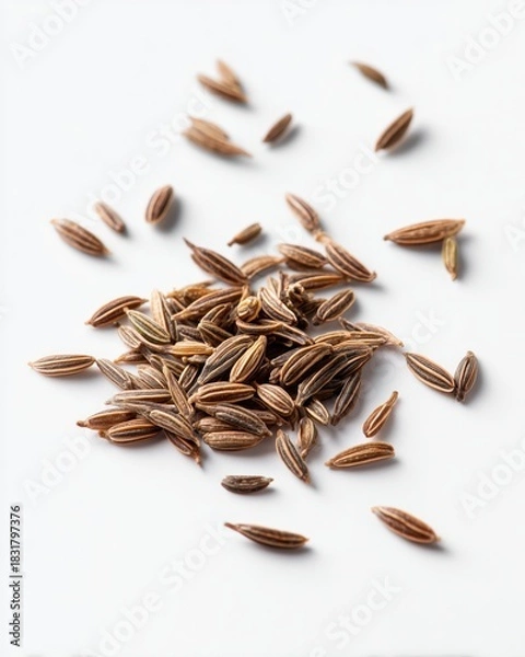 Obraz Pile of Dried Cumin Seeds with Scattered Grains Isolated on White Background | Aromatic Spice Ingredient for Indian, Mexican, and Middle Eastern Cuisine
