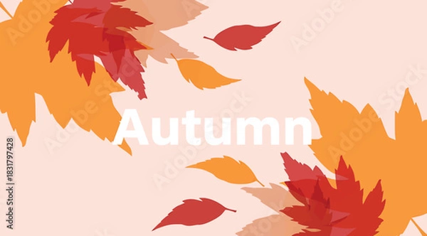 Fototapeta Minimalist vector illustration featuring stylized autumn maple leaves in warm shades of red and orange falling against a light pink background with the word autumn centered in white text