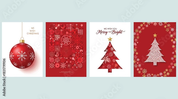 Fototapeta Set of four Christmas greeting cards with red and white designs featuring ornaments, snowflakes, stylized trees, and festive messages like “Merry Christmas” and “Season’s Greetings”—perfect for holida