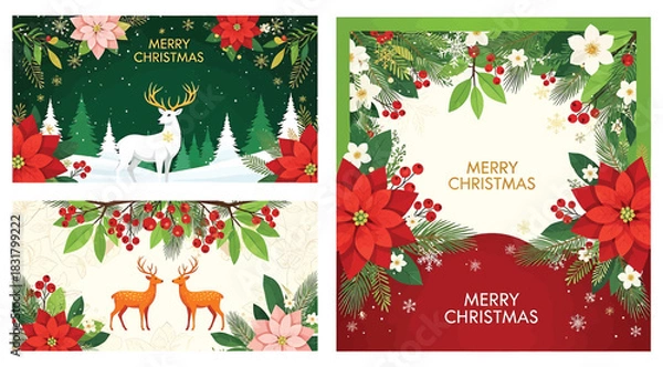 Fototapeta Collection of four festive christmas greeting card designs featuring white and brown reindeer, poinsettia flower, holly berry, pine tree, and winter snow scene illustration