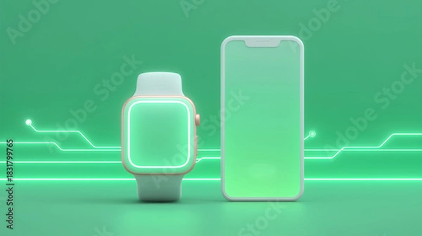 Obraz 発光するスマホとスマートウォッチの未来的テクノロジーイメージ