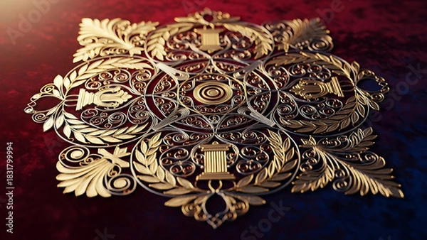 Obraz Ornate golden decorative ornament with intricate details on a dark background