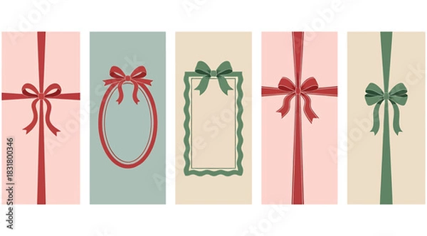 Fototapeta Set of five vertical decorative elements featuring various styles of ribbon bows and frames in muted red and green tones on pastel backgrounds, perfect for gift wrapping or holiday design