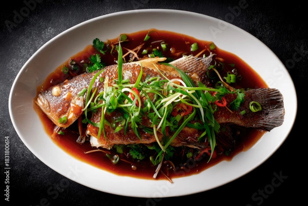 Obraz Chinese steamed fish with glossy sauce on black stone background. Top view