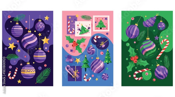 Fototapeta Collection of three vibrant, stylized illustrations featuring purple christmas ornaments, candy canes, holly, and small christmas trees in contrasting color palettes of purple, pink, blue, and green