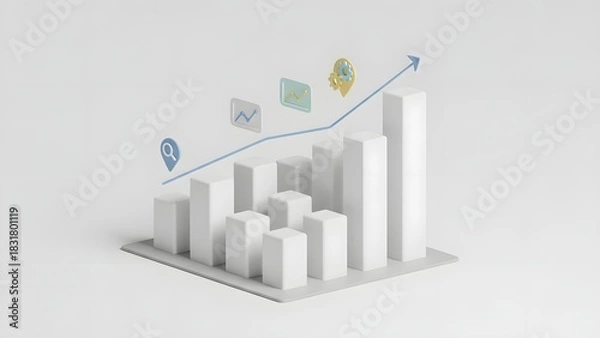 Fototapeta 3D Rendered Business Growth Chart with Rising Arrow and Icons.