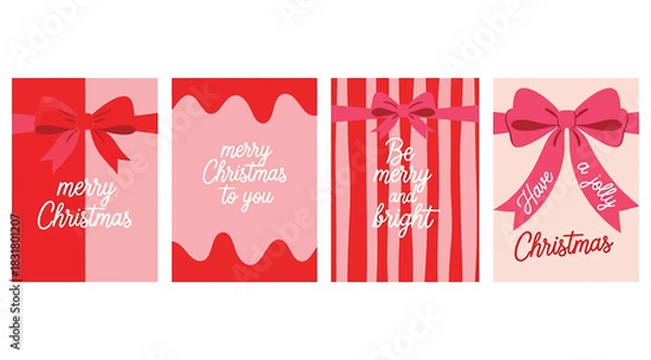 Fototapeta Collection of four modern and colorful christmas greeting card designs featuring pink and red color palettes, bows, stripes, and festive holiday messages in a flat graphic style