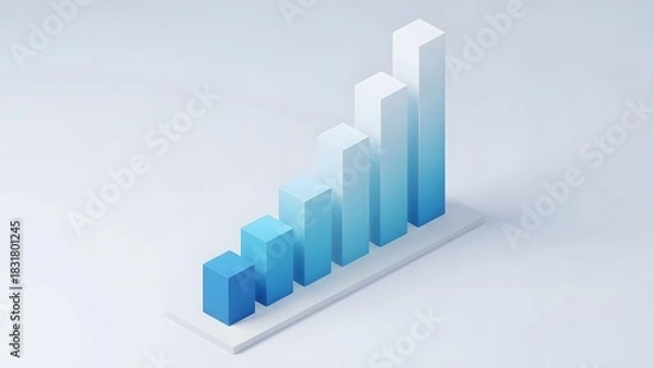 Fototapeta Ascending Blue Gradient 3D Bar Chart on White Base Minimalist Isometric Data Visualization.