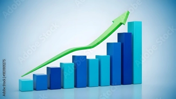Fototapeta Ascending Green Arrow Over Blue 3D Bar Chart Visualizing Business Growth and Financial Success.