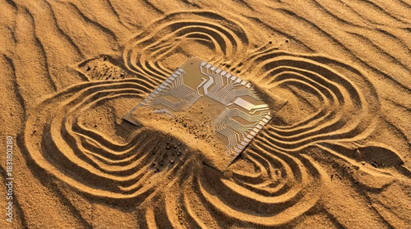 Fototapeta Semiconductor Microchip on Desert Sand with Circuit Formations Demonstrating Information Flow