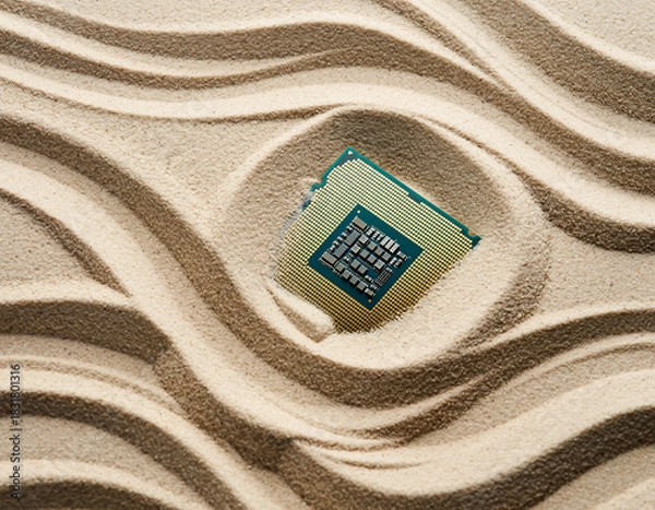 Fototapeta Semiconductor Microchip Peeking from Desert Sand with Copy Space