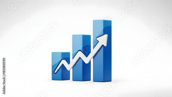 Fototapeta Dynamic 3D Blue Bar Chart with White Upward Arrow Illustrating Business Growth and Financial Progress.