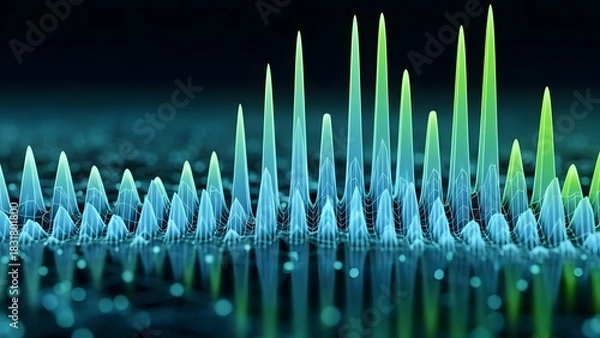 Fototapeta Futuristic Digital Landscape of Luminous BlueGreen Data Peaks with Wireframe and Reflections.