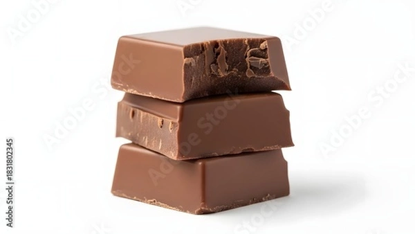 Fototapeta Perfectly Stacked Milk Chocolate Squares Bitten Top Isolated on White.